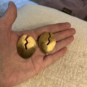 AH Anne Hellman Large Abstract Brass Artisan Brutalist Earrings Pierced Signed